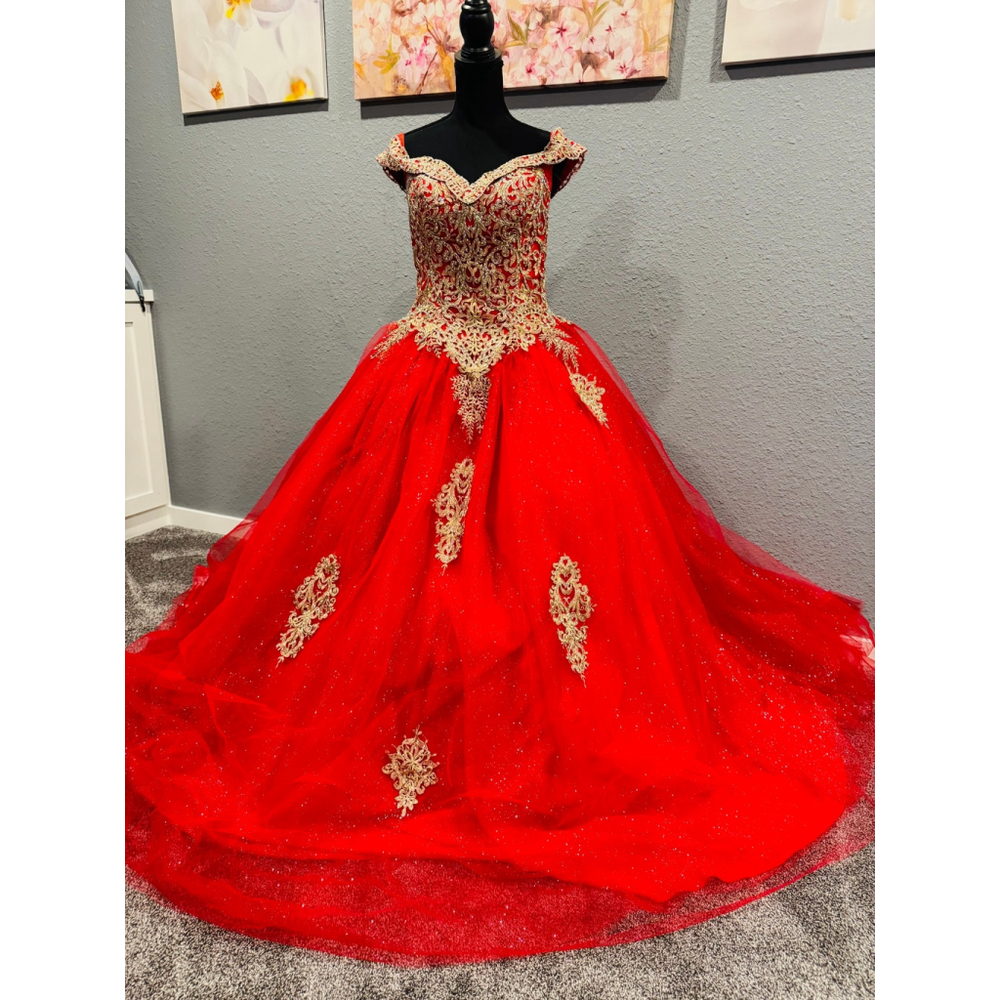 Chicas Red & Gold Ball Gown Dress | Size Large | Off-Shoulder Glitter Tulle